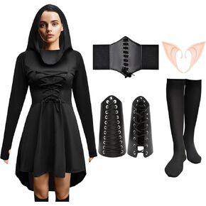 5 Pcs Women Renaissance Costumes Set Hooded Robe Lace Up Dress Medieval Elf Ears Accessories for Halloween Cloak