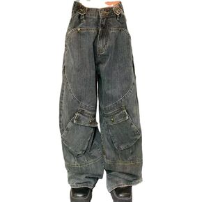 Unisex Big Pocket Baggy Jeans Street Cargo Y2k Punk Wide Leg Oversized Loose Casual Hiphop Grunge Denim Goth Pants