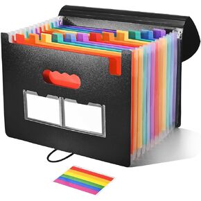 Accordion File Organizer 12 Pockets Expanding File Folders with Color Labels,Portable Storage Monthly Bill Receipt Black Vertical Document Organizer Desktop, Letter/A4 Size for Office,School and Home
