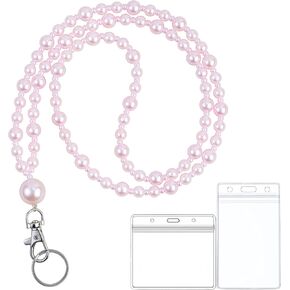 Pink Pearl Lanyard for ID Badges Name Tag and Keys for Women Light Weight Acrylic Faux Pearls Sweet Teacher Lanyards Holder 25in