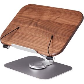 Book Stand for Reading, Mayhas Adjustable Book Holder with 360° Swivel Base&Page Clips, Foldable Desktop Stand for Cookbook, Fits All Books (Walnut, Wood Base)