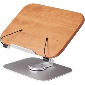 Book Stand for Reading, Mayhas Adjustable Book Holder with 360° Swivel Base&Page Clips, Foldable Desktop Stand for Cookbook, Fits All Books (Walnut, Wood Base)