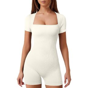 Women's Short Sleeve Yoga Romper Seamless Ribbed Bodycon One Piece Square Neck Jumpsuit