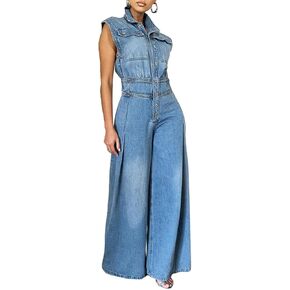 Women Casual Sleeveless Denim Jumpsuit High Waist Washed Loose Wide Leg Jean Pants Rompers
