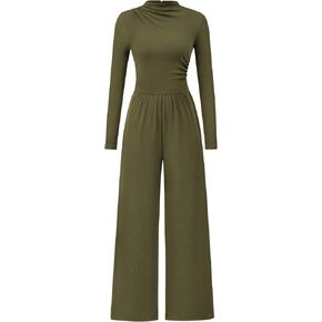 BTFBM Jumpsuits For Women Dressy Mock Neck Long Sleeve Ruched Ribbed Long Pants Rompers Casual Fall One Piece Jumpsuit