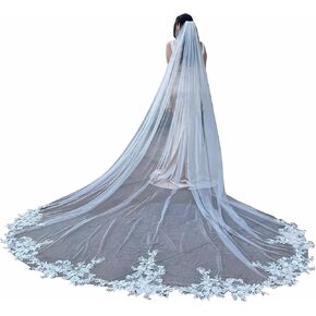 Long Cathedral Length Lace Bridal Wedding Veil With Metal Comb