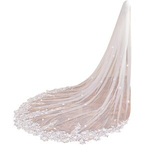 Pearl Cathedral Length Lace Wedding Bridal Veil with Metal Comb
