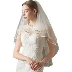 Golden Ribbon Edge Wedding Veil Champagne Gold Trim Bachelorette Party Veil 2 Tier Ivory Tulle Fingertip Bridal Veil Simple Bride to Be Outfit Hair Accessories