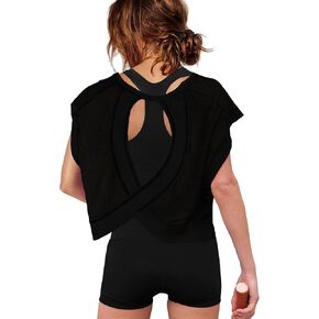 ReachMe Womens Open Back Workout Tops Athletic Backless Cropped T-shirts Short Sleeve Gym Yoga Shirts