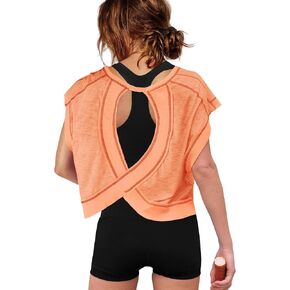 ReachMe Womens Open Back Workout Tops Athletic Backless Cropped T-shirts Short Sleeve Gym Yoga Shirts
