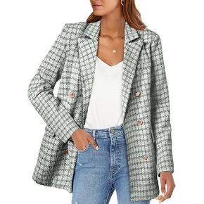 Happy Sailed Womens Tweed Blazers Casual Jackets Long Sleeve Double Breasted Open Front Plaid Blazer Jackets Work Suits