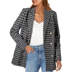 Happy Sailed Womens Tweed Blazers Casual Jackets Long Sleeve Double Breasted Open Front Plaid Blazer Jackets Work Suits in Saudi Arabia