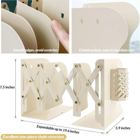 Bookends, Book Ends to Hold Books, Expandable Bookends for Shelves, Desk File Organizer, Heavy Duty Book Holder, Office Organization, Metal Book End Stopper with Pen Holder by Nidoot (White) in Saudi Arabia