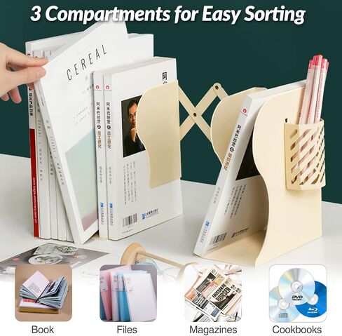 Bookends, Book Ends to Hold Books, Expandable Bookends for Shelves, Desk File Organizer, Heavy Duty Book Holder, Office Organization, Metal Book End Stopper with Pen Holder by Nidoot (White) in Saudi Arabia