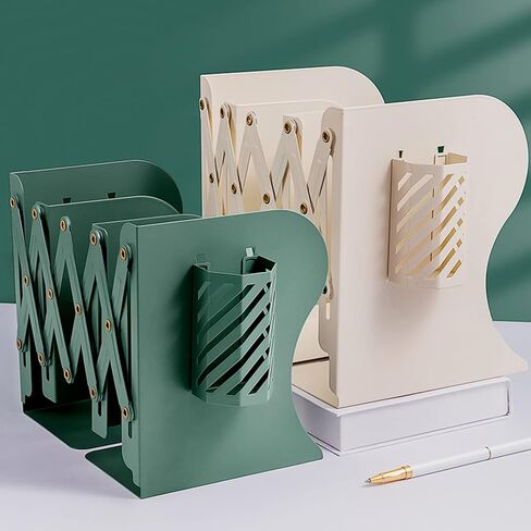 Bookends, Book Ends to Hold Books, Expandable Bookends for Shelves, Desk File Organizer, Heavy Duty Book Holder, Office Organization, Metal Book End Stopper with Pen Holder by Nidoot (White) in Saudi Arabia