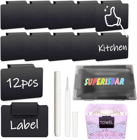 Basket Labels Clip with Plastic Storage Case &2 White Chalk board Markers for 12 Hanging Bins Pantry Organization Removable Small chalkboard Clips label Holder, Home Laundry Fabric Sorting in Saudi Arabia