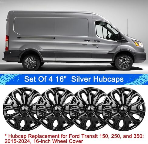 مجموعة من 4 أغطية محورية متوافقة مع Ford Transit 150/250/350، 2015 2016 2017 2018 2019 2020 2021 2022 2023 2024، أغطية عجلات 16 بوصة، 5 Y Spok، ساق قياسية، لون أسود لامع in Kuwait
