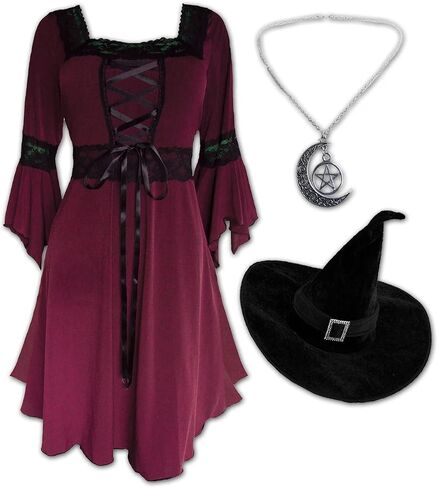 Dare to Wear Magick Witch Costume: Pentagram Pendant, Velour Hat, & Victorian Gothic Women's Renaissance Dress in Saudi Arabia