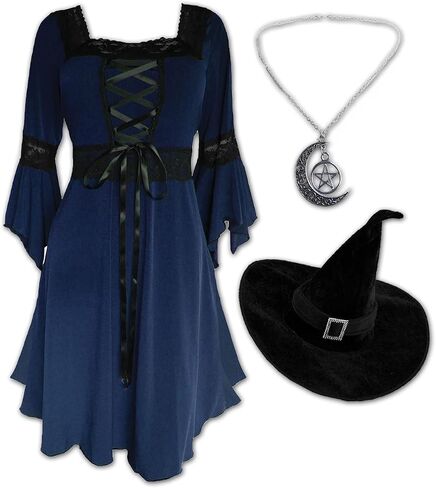 Dare to Wear Magick Witch Costume: Pentagram Pendant, Velour Hat, & Victorian Gothic Women's Renaissance Dress in Saudi Arabia