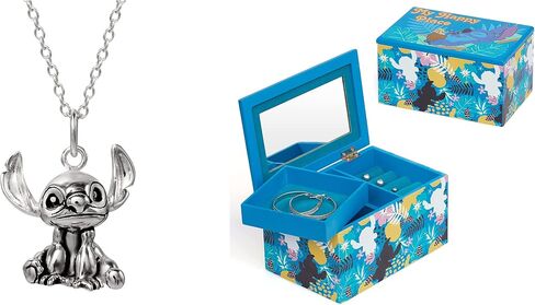 Disney Lilo and Stitch Sterling Silver 3D Pendant Necklace and My Happy Place Silk Screen Print Blue Jewelry Box Jewelry Organizer Bundle in Saudi Arabia