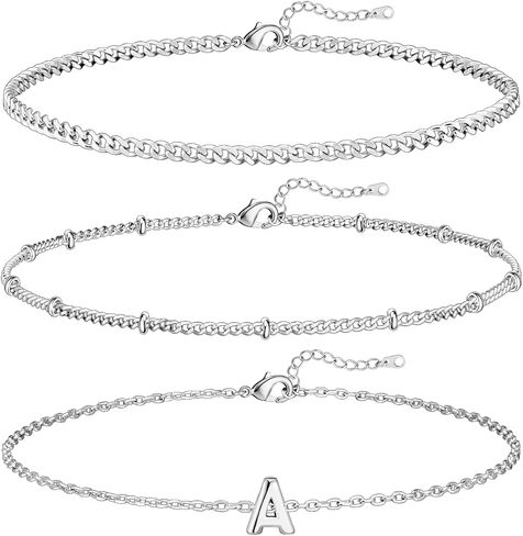 3PCS White Gold Initial Bracelets for Women Dainty 14K Gold Bracelet Stack Letter Link Charm A-Z Monogram Bracelet Anti Tarnish Jewelry Gifts for Women in Saudi Arabia