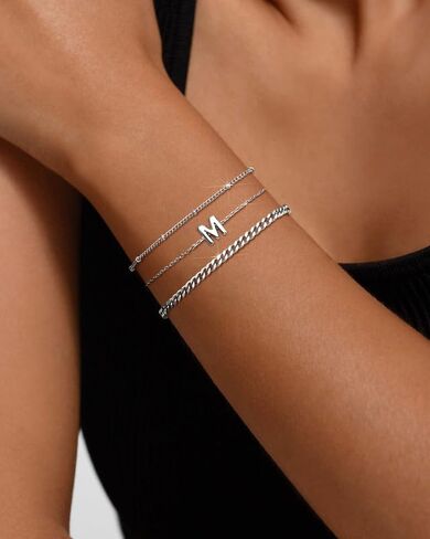 3PCS White Gold Initial Bracelets for Women Dainty 14K Gold Bracelet Stack Letter Link Charm A-Z Monogram Bracelet Anti Tarnish Jewelry Gifts for Women in Saudi Arabia