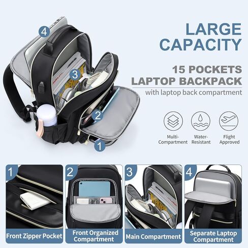 حقيبة ظهر للكمبيوتر المحمول للسفر للنساء والرجال: حقائب عمل مقاس 15.6 بوصة مع منفذ USB وحقائب سفر ذات سعة كبيرة ومقاومة للماء وحقيبة ظهر للكمبيوتر المحمول وحقائب نهارية كاجوال لمدرس ممرضة الكلية in Kuwait