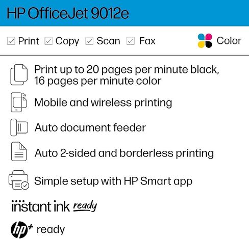 طابعة HP OfficeJet 9012e اللاسلكية النافثة للحبر الملونة الكل في واحد ضمان HP لمدة عام واحد مجانًا لمدة 6 أشهر طباعة حبر فورية ومسح ضوئي وفاكس 2.7 بوصة تحكم باللمس 20 صفحة في الدقيقة أسود 16 صفحة في الدقيقة لون، 1G5L4A (متجدد) in Saudi Arabia