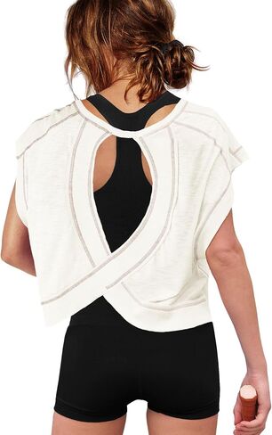 ReachMe Womens Open Back Workout Tops Athletic Backless Cropped T-shirts Short Sleeve Gym Yoga Shirts in Saudi Arabia