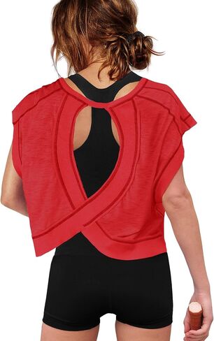 ReachMe Womens Open Back Workout Tops Athletic Backless Cropped T-shirts Short Sleeve Gym Yoga Shirts in Saudi Arabia