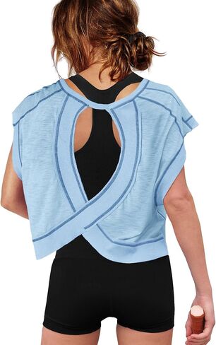 ReachMe Womens Open Back Workout Tops Athletic Backless Cropped T-shirts Short Sleeve Gym Yoga Shirts in Saudi Arabia