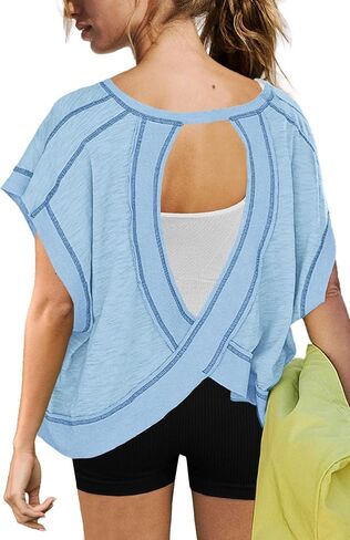 ReachMe Womens Open Back Workout Tops Athletic Backless Cropped T-shirts Short Sleeve Gym Yoga Shirts in Saudi Arabia