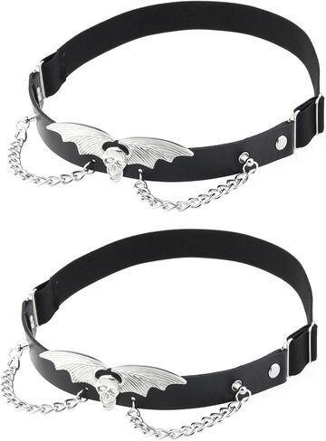 2PCs Adjustable Skull Bat Wing Leg Garter, Elastic Punk Thigh Garters with Chains for Women Parties, Black in Saudi Arabia