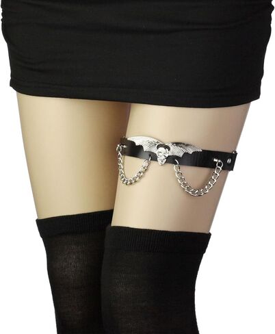 2PCs Adjustable Skull Bat Wing Leg Garter, Elastic Punk Thigh Garters with Chains for Women Parties, Black in Saudi Arabia