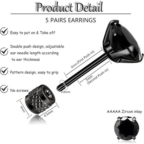 316L Surgical Stainless Steel Threadless Flat Back Earrings 2-6mm Hypoallergenic CZ Cartilage Earrings Studs Set Push-in Flat Back Stud Earrings Tragus Helix Piercing Jewelry for Women and Men in Saudi Arabia