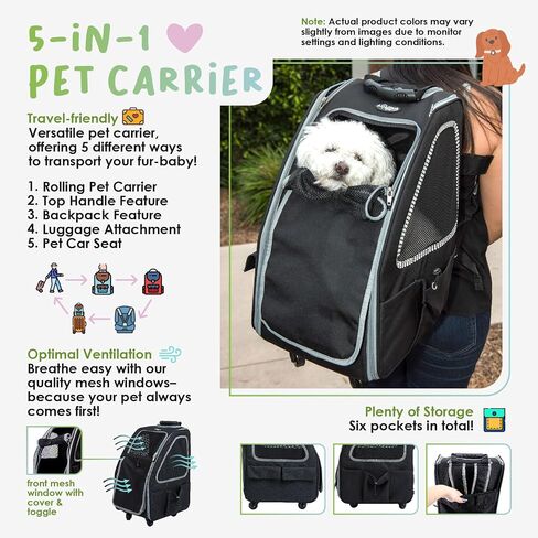 Petique 5-in-1 PET Carrier, Features: Rolling, Top Handle, Backpack, Luggage Attachment, Car Seat All in ONE for Small to Medium Dog, Cat, Bunny, Supports Pets up to 25LBS - Pepper in Saudi Arabia