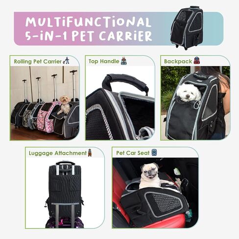 Petique 5-in-1 PET Carrier, Features: Rolling, Top Handle, Backpack, Luggage Attachment, Car Seat All in ONE for Small to Medium Dog, Cat, Bunny, Supports Pets up to 25LBS - Pepper in Saudi Arabia
