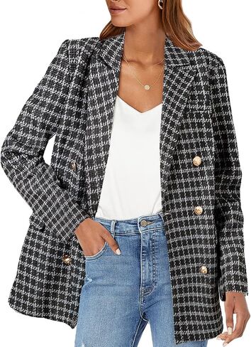 Happy Sailed Womens Tweed Blazers Casual Jackets Long Sleeve Double Breasted Open Front Plaid Blazer Jackets Work Suits in Saudi Arabia