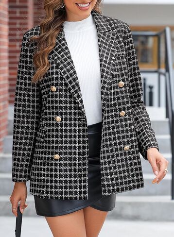 Happy Sailed Womens Tweed Blazers Casual Jackets Long Sleeve Double Breasted Open Front Plaid Blazer Jackets Work Suits in Saudi Arabia