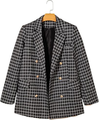 Happy Sailed Womens Tweed Blazers Casual Jackets Long Sleeve Double Breasted Open Front Plaid Blazer Jackets Work Suits in Saudi Arabia