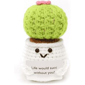 Positive Crochet Cactus Ball Handcrafed Emotional Support Poted Plant Creative Knitting Dolls with Positive Affirmation Card Ideal Gifts for Room Decor Car Home Office