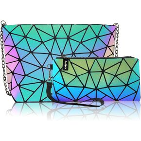 Small Clutch Purses for women Daily Use Geometric Purse for Women Geometric Luminous Purses and Shoulder bags Geometric Bags and Holographic crossbody bag SET-B