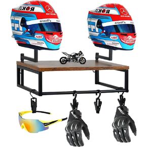 Helmet Holder Wall Mount – Motorcycle Helmet Display Rack with 4 Glove Clips, Retro Ironwood Helmet Hanger Storage/Display for Men’s Motorcycle Accessories & Gear
