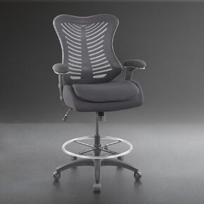 Drafting Chair Mesh Computer Tall Office Chair, Standing Desk Stool with Lumbar Support, Double Seat Cushion,Height Adjustable Armrest and Adjustable Foot Ring-Black