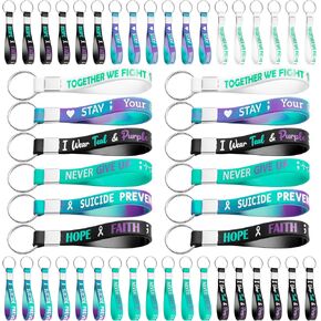 WATINC Suicide Awareness Silicone Keychains Set - 48Pcs Suicide Prevention Awareness Teal & Purple Ribbons Stretch Keyrings, Motivational Rubber Keychain with Inspirational Messages for Men Women Kids