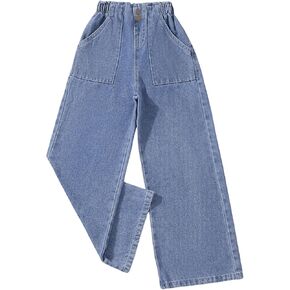 Floerns Girl's Casual Elastic Waist Pants Wide Leg Denim Jeans with Pocket