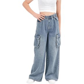 Verdusa Girl's Loose Wide Leg Denim Cargo Pants Elastic Waist Jeans with Pockets