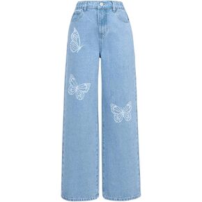 Floerns Girl's Butterfly Print High Waist Wide Leg Jeans Baggy Denim Pants