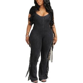 WOKANSE Women's Sexy Solid Bodycon V Neck Fringe Short Sleeve Bell Bottom Long Pants Jumpsuit Romper