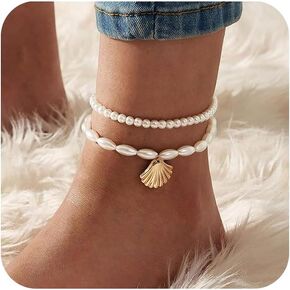 Boho Pearl Anklets for Women - 2Pcs Pearl Anklet Beaded Layered Ankles Bracelets Shell Pendant Elastic Foot Chain Shell Anklets for Women Fashion Jewelry